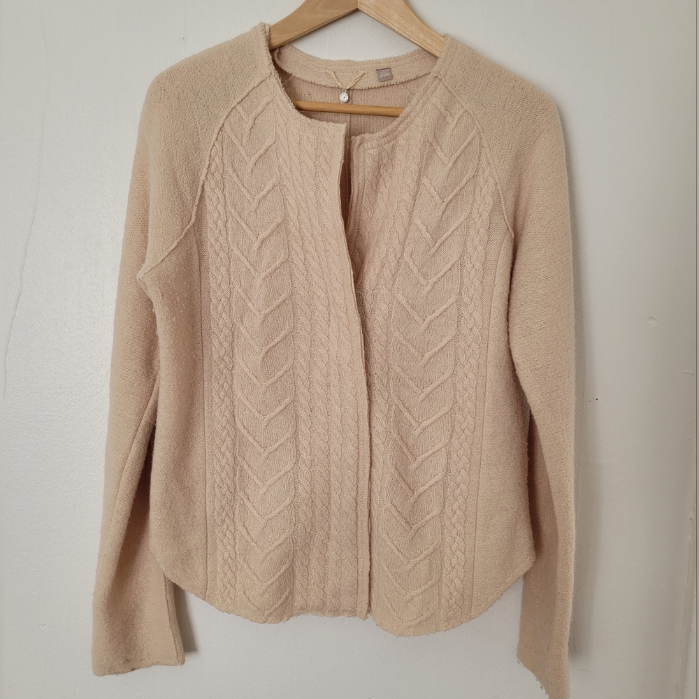 Anthropology Knitted & Knotted Wool Cardigan Zip-Front Sweater Sz M Cream/Pink